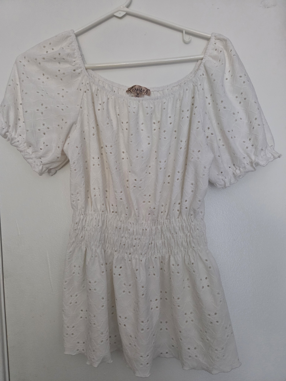Lavish White Eyelet Smocked Waist Puff Sleeve Peplum Top M